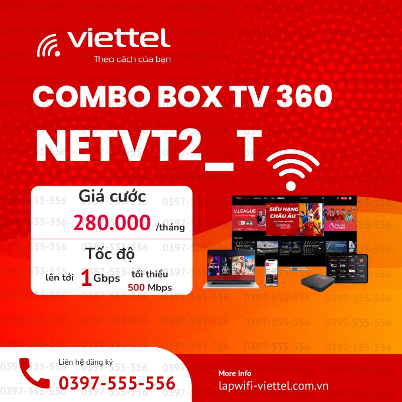 GÓI CƯỚC COMBO NETVT2_T + BOX TV360 280.000đ/tháng